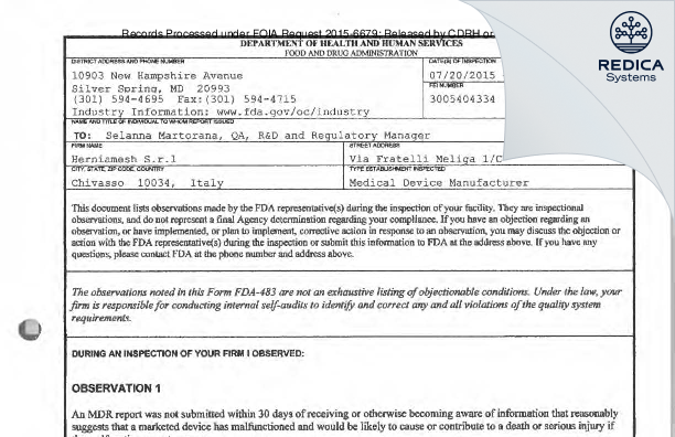 FDA 483 - Herniamesh S.r.l [Chivasso / Italy] - Download PDF - Redica Systems