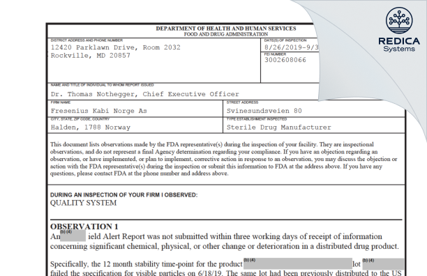 FDA 483 - Fresenius Kabi Norge As [Halden / Norway] - Download PDF - Redica Systems