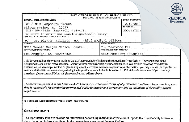 FDA 483 - Ucla Medical Ctr [Los Angeles / United States of America] - Download PDF - Redica Systems