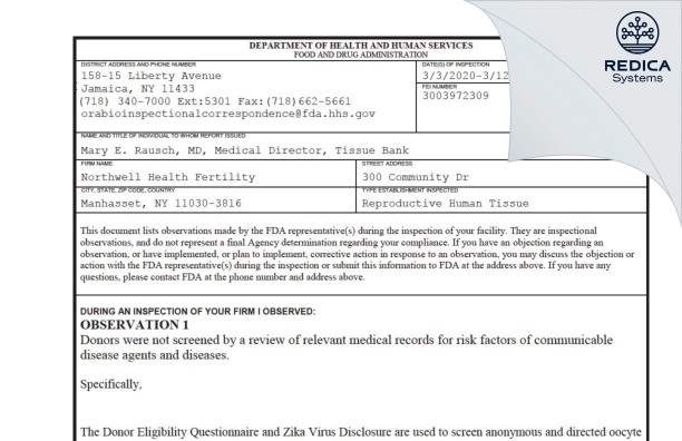 FDA 483 - Northwell Health Fertility [Manhasset / United States of America] - Download PDF - Redica Systems