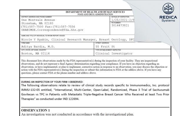 FDA 483 - Aditya Bardia, M.D. [Boston / United States of America] - Download PDF - Redica Systems