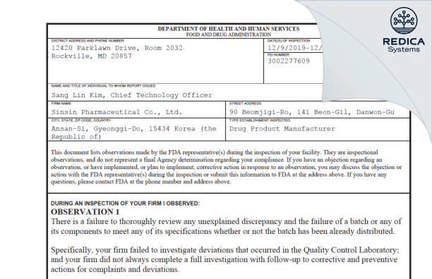 FDA 483 - Sinsin Pharmaceutical Co., Ltd. [- / Korea (Republic of)] - Download PDF - Redica Systems