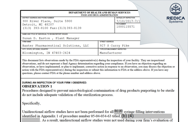 FDA 483 - Baxter Pharmaceutical Solutions LLC [Bloomington / United States of America] - Download PDF - Redica Systems