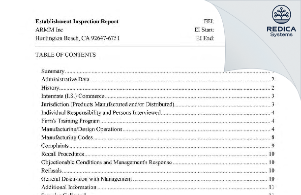 EIR - ARMM Inc [Huntington Beach / United States of America] - Download PDF - Redica Systems