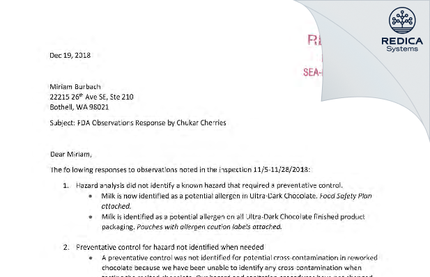 FDA 483 Response - Chukar Cherry Company [Prosser / United States of America] - Download PDF - Redica Systems