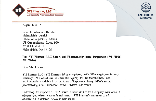 FDA 483 Response - STI Pharma LLC [Newtown / United States of America] - Download PDF - Redica Systems