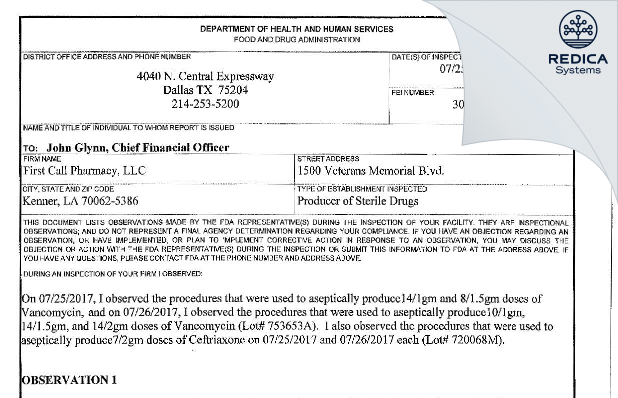 FDA 483 - First Call Pharmacy, L.L.C. [Kenner / United States of America] - Download PDF - Redica Systems