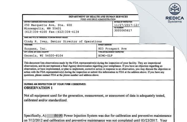 FDA 483 - Surpass, Inc. [Osceola / United States of America] - Download PDF - Redica Systems
