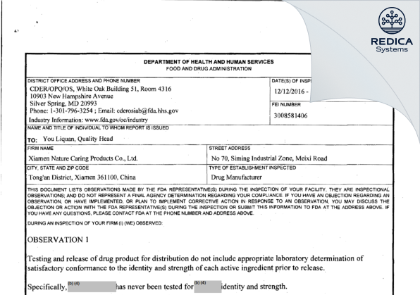 FDA 483 - XIAMEN NATURE CARING PRODUCTS CO.,LTD. [China / China] - Download PDF - Redica Systems