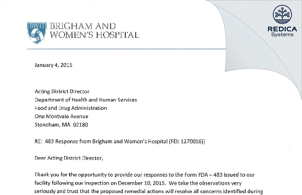 FDA 483 Response - BRIGHAM AND WOMEN`S HOSPITAL, INC., THE [Boston / United States of America] - Download PDF - Redica Systems