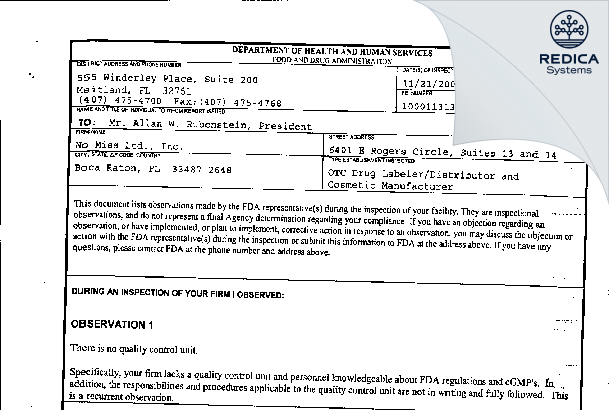 FDA 483 - No Miss Ltd., Inc. [Boca Raton / United States of America] - Download PDF - Redica Systems