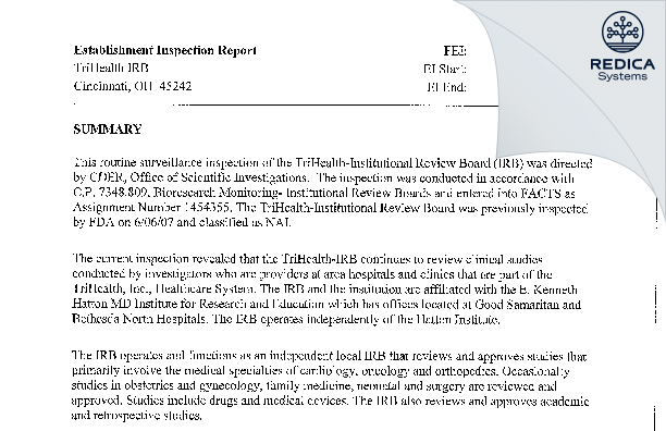 EIR - TriHealth IRB [Cincinnati / United States of America] - Download PDF - Redica Systems