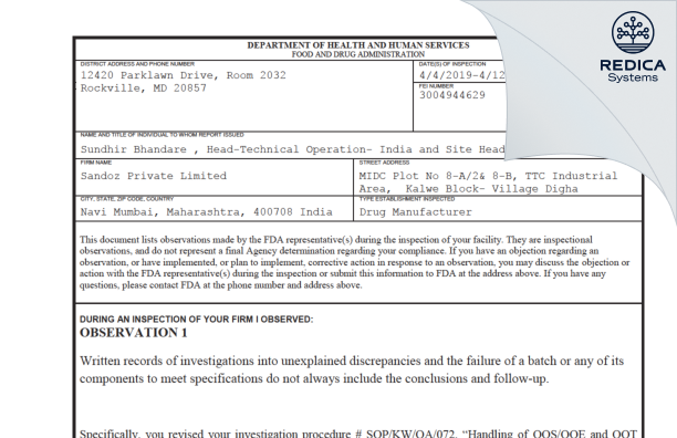 FDA 483 - Sandoz Private Limited [India / India] - Download PDF - Redica Systems