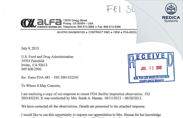 FDA 483 Response - Alfa Scientific Designs Inc [Poway / United States of America] - Download PDF - Redica Systems