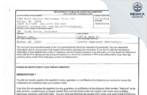 FDA 483 - Bloodline Holdings, LLC [Atkins / United States of America] - Download PDF - Redica Systems