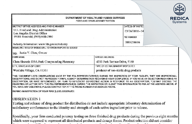 FDA 483 - Chen Shwezin, Inc. dba Park Compounding Pharmacy [Westlake Village / United States of America] - Download PDF - Redica Systems
