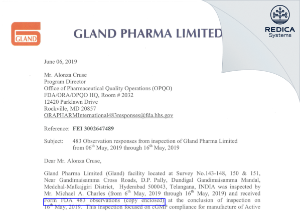 FDA 483 Response - GLAND PHARMA LIMITED [India / India] - Download PDF - Redica Systems