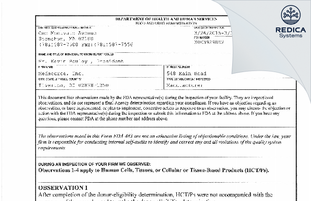FDA 483 - Medsource, Inc. [Tiverton / United States of America] - Download PDF - Redica Systems