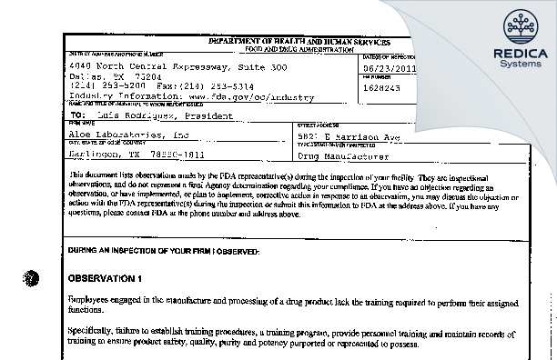 FDA 483 - Aloe Laboratories, Inc [Harlingen / United States of America] - Download PDF - Redica Systems