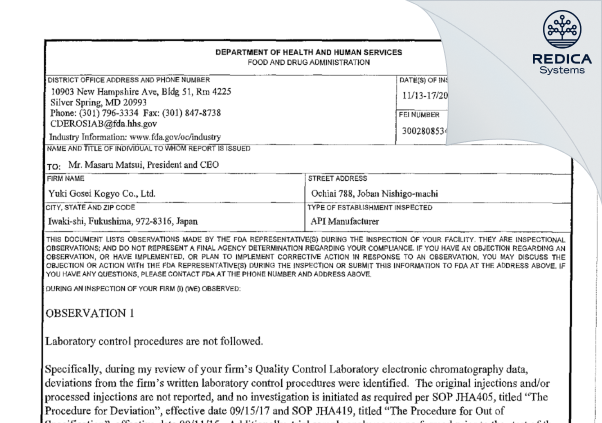 FDA 483 - Yuki Gosei Kogyo Co., Ltd. [Iwaki / Japan] - Download PDF - Redica Systems