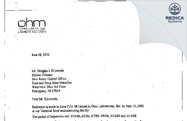 FDA 483 Response - Ohm Laboratories Inc. [Jersey / United States of America] - Download PDF - Redica Systems