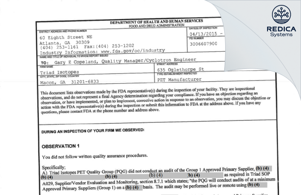 FDA 483 - Jubilant DraxImage Inc., dba Jubilant Radiopharma [Macon / United States of America] - Download PDF - Redica Systems