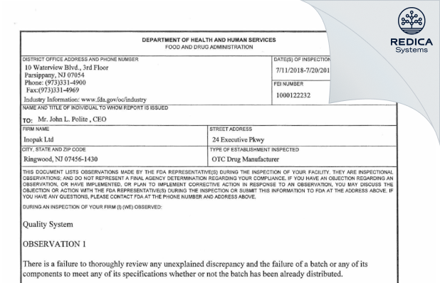 FDA 483 - Inopak Ltd [Ringwood / United States of America] - Download PDF - Redica Systems