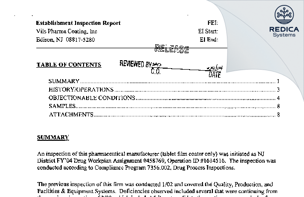 EIR - VILS Pharma Coating LLC [Edison / United States of America] - Download PDF - Redica Systems