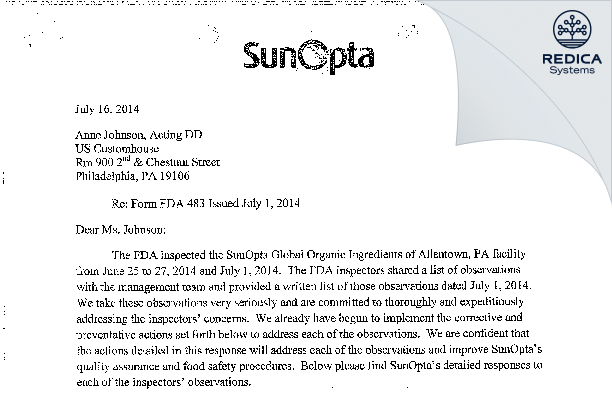FDA 483 Response - SunOpta Grains and Foods Inc. [Allentown / United States of America] - Download PDF - Redica Systems