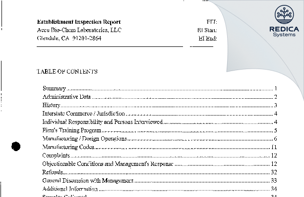 EIR - ACCU BIO-CHEM LABS [California / United States of America] - Download PDF - Redica Systems