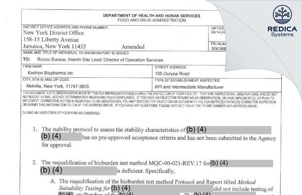 FDA 483 - Kedrion Biopharma Inc. [New York / United States of America] - Download PDF - Redica Systems