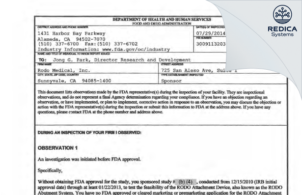 FDA 483 - Rodo Medical, Inc. [San Jose / United States of America] - Download PDF - Redica Systems