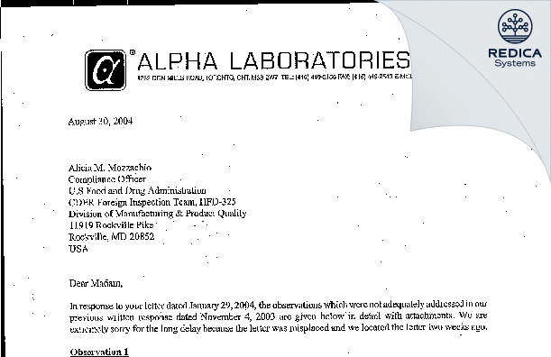 FDA 483 Response - Alpha Laboratories Inc. [Toronto / Canada] - Download PDF - Redica Systems