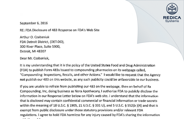 FDA 483 Response - Rx Compounding Inc. [Indianapolis / United States of America] - Download PDF - Redica Systems