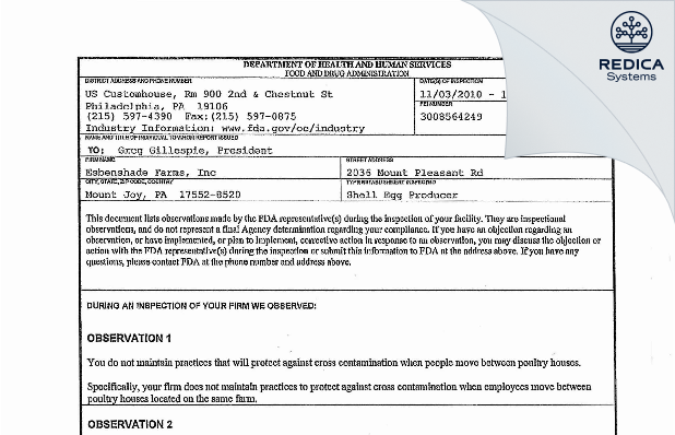 FDA 483 - Esbenshade, Inc dba Esbenshade Farms [Mount Joy / United States of America] - Download PDF - Redica Systems