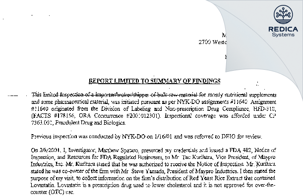EIR - Maypro Industries, Inc. [Purchase / United States of America] - Download PDF - Redica Systems