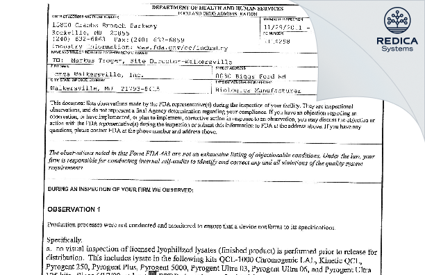 FDA 483 - Lonza Walkersville, Inc. [Walkersville / United States of America] - Download PDF - Redica Systems