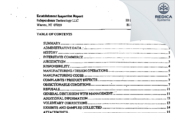 EIR - Independence Technology, LLC [Somerville / United States of America] - Download PDF - Redica Systems