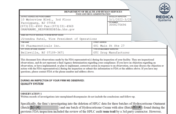 FDA 483 - Unipack LLC [Jersey / United States of America] - Download PDF - Redica Systems