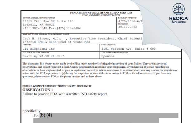 FDA 483 - Cti Biopharma Inc [Seattle / United States of America] - Download PDF - Redica Systems