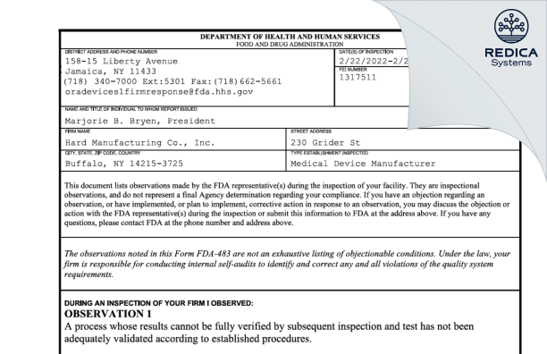 FDA 483 - Hard Manufacturing Co., Inc. [Buffalo / United States of America] - Download PDF - Redica Systems