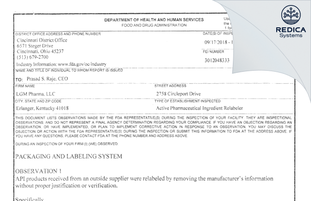 FDA 483 - LGM PHARMA, LLC [Erlanger Kentucky / United States of America] - Download PDF - Redica Systems
