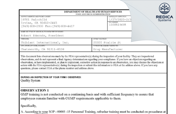 FDA 483 - kdc/one Chatsworth, Inc. [Chatsworth California / United States of America] - Download PDF - Redica Systems