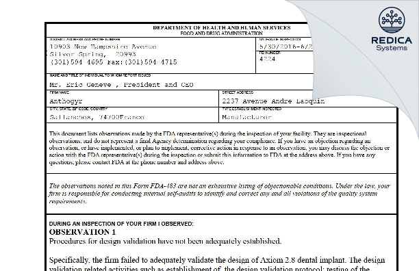 FDA 483 - Anthogyr [Sallanches / France] - Download PDF - Redica Systems