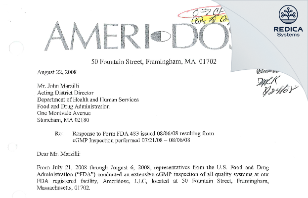 FDA 483 Response - Ameridose, LLC [Westborough / United States of America] - Download PDF - Redica Systems