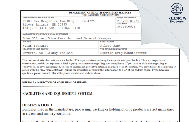 FDA 483 - Mylan Teoranta [Inverin / Ireland] - Download PDF - Redica Systems