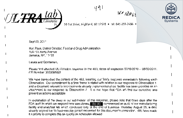 FDA 483 Response - ULTRAtab Laboratories, Inc. [Highland / United States of America] - Download PDF - Redica Systems
