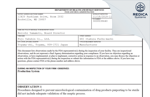 FDA 483 - Fuji Yakuhin Co., Ltd. [Fuchumachiitakura Toyama / Japan] - Download PDF - Redica Systems