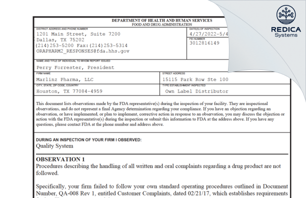 FDA 483 - Marlinz Pharma, LLC [Houston / United States of America] - Download PDF - Redica Systems
