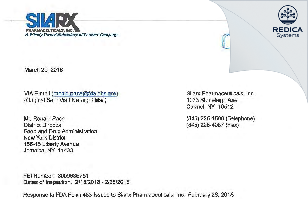 FDA 483 Response - Chartwell Pharmaceuticals Carmel, LLC [New York / United States of America] - Download PDF - Redica Systems
